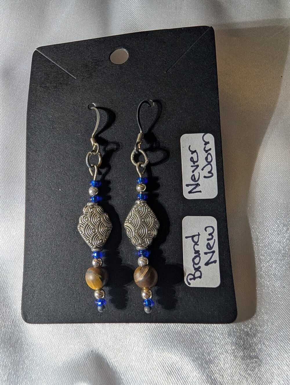 NWOT Bohemian Silver Filigree & Tiger's Eye Natural Stone Dangle Earrings